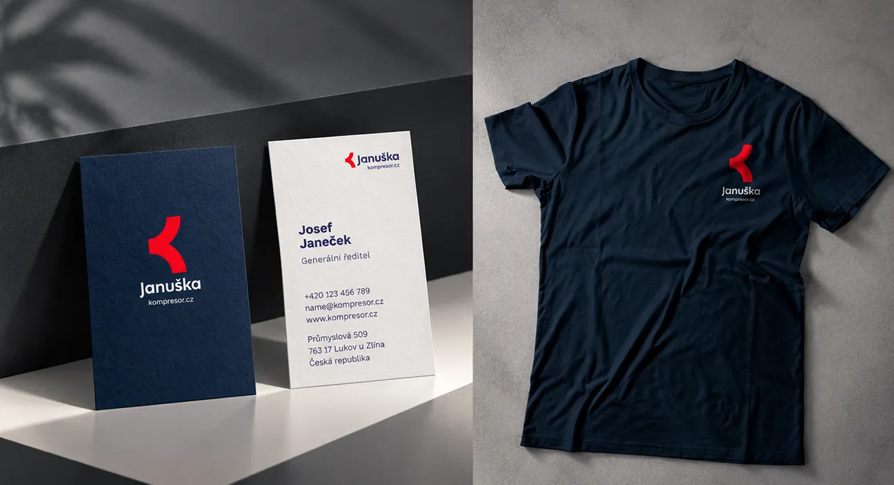 Nová vizuální identita JANUŠKA KOMPRESORY – logo na firemních vizitkách a pracovním tričku.