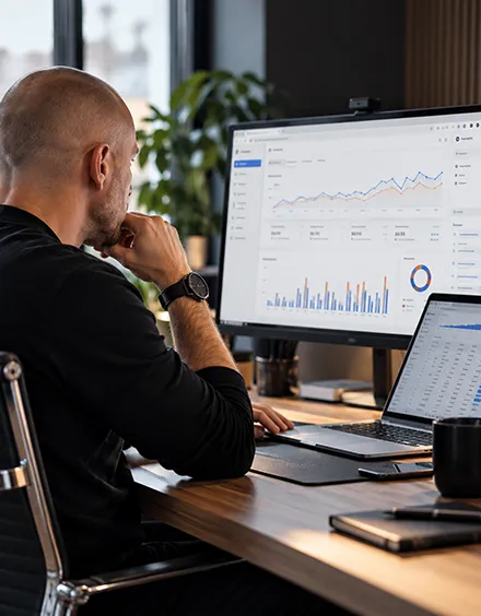 Marketingový specialista MOON WOLF analyzuje výsledky PPC kampaní a webové analytiky.