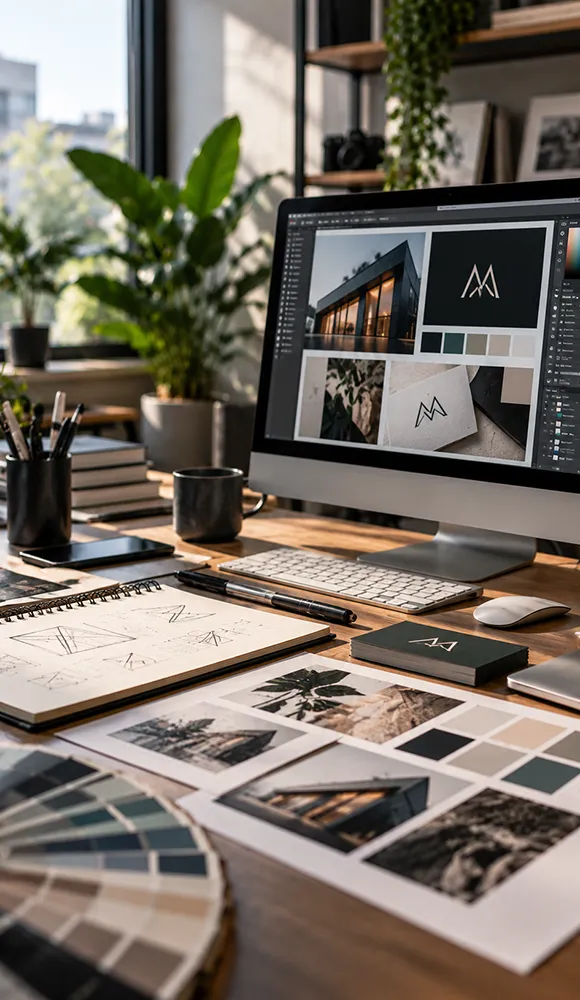 Grafické studio s návrhy logotypů, barevnými paletami a ukázkami vizuální identity značky.