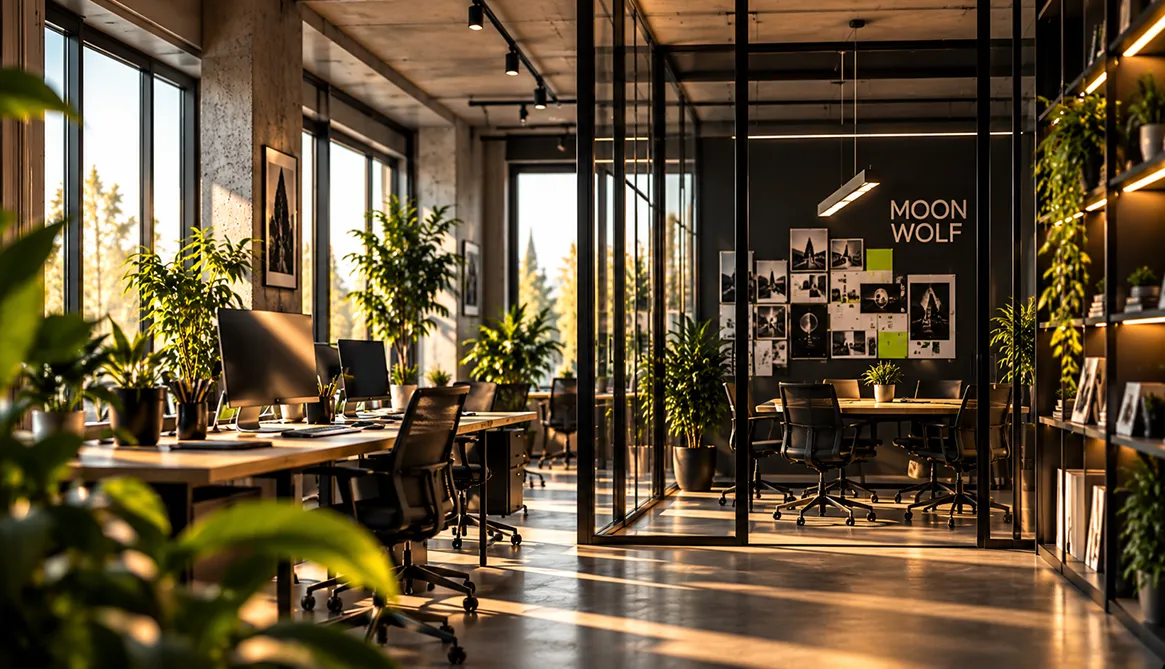 Kreativní pracovní prostředí marketingové agentury MOON WOLF s návrhy grafiky, brandingem a digitálními projekty.