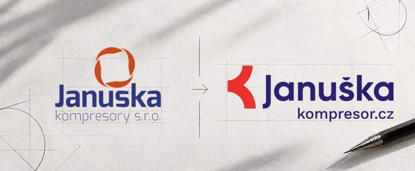 Porovnání původního a nového loga JANUŠKA KOMPRESORY na grafickém návrhu s technickými skicami.