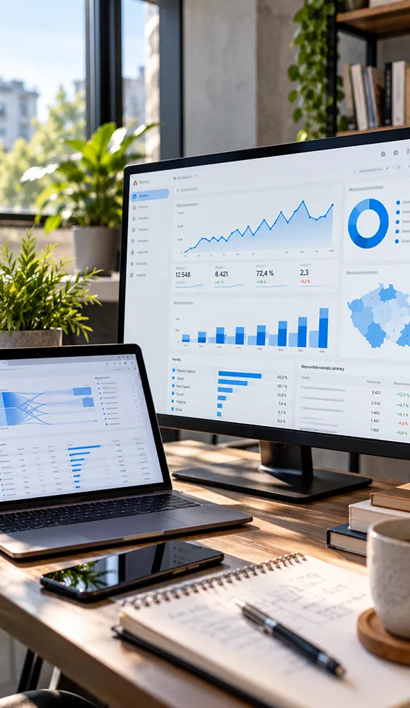 Webová analytika – přehled návštěvnosti, konverzí a marketingových výsledků na monitorech počítačů.